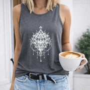 White Mandala on Black Tank Crew-neck Sleeveless Vest Women's Color Cotton Tank Top in Gray