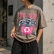 Stay Trashy Black with Pink Raccoon & Bin Vintage Washed T-Shirt in Brown
