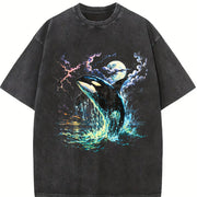 Orca Midnight 90s Retro Killer Whale Vintage Washed T-Shirt in Black