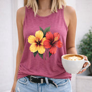 Hibiscus Flowers Women's Color Cotton Tank Top in Red