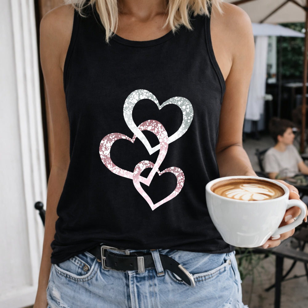 Glitter Hearts Interlocking Crew-neck Sleeveless Vest Women's Color Cotton Tank Top in Black