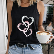 Glitter Hearts Interlocking Crew-neck Sleeveless Vest Women's Color Cotton Tank Top in Black