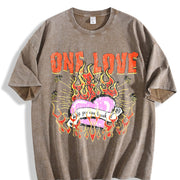 One Love Flame Heart Sleeveless Tank Vintage Washed T-Shirt in Brown