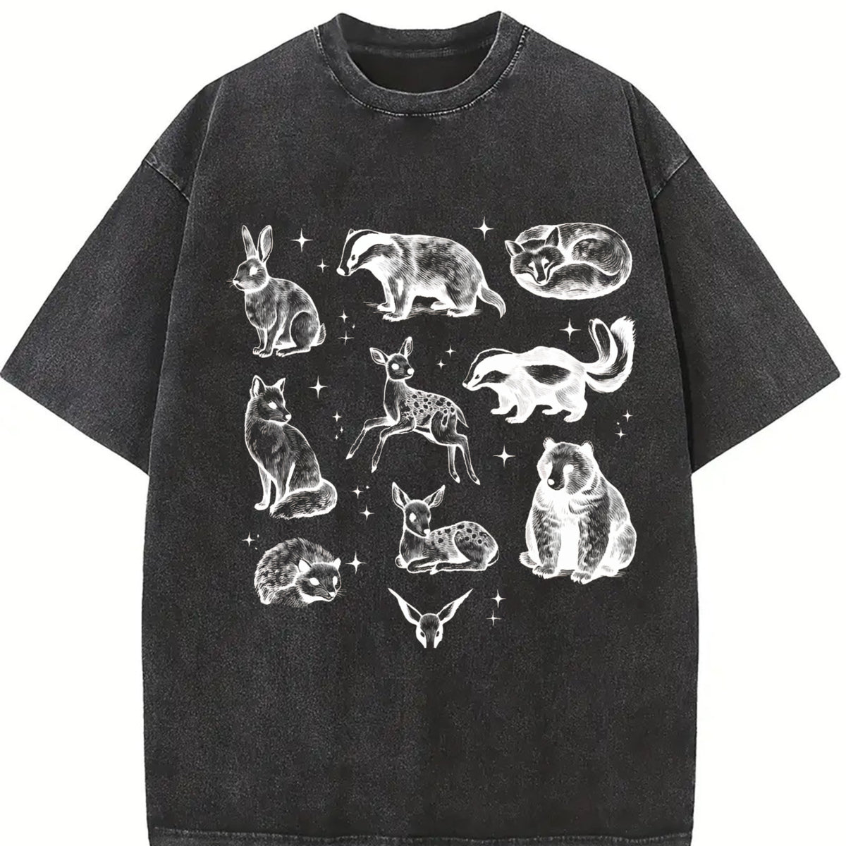 Forest Animals 90s ® Tattoo Vintage Washed T-Shirt in Black