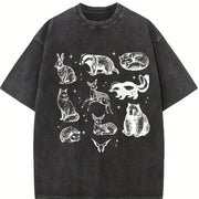 Forest Animals 90s ® Tattoo Vintage Washed T-Shirt in Black