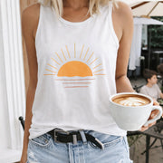 Sunset Horizon Lines Rays Water Crew-neck Sleeveless Vest Women's Color Cotton Tank Top in White