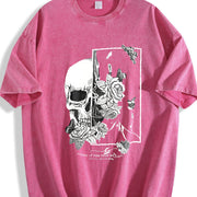 With Gothic Skull & Rose Vintage Washed T-Shirt in Red