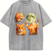 Orange Tabby Moon Retro Cute Cat Vintage Washed T-Shirt in Gray