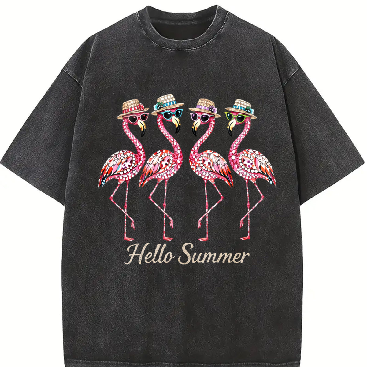 Hello Flamingo Beach Vintage Washed T-Shirt in Black