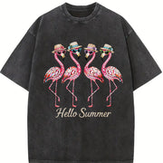 Hello Flamingo Beach Vintage Washed T-Shirt in Black