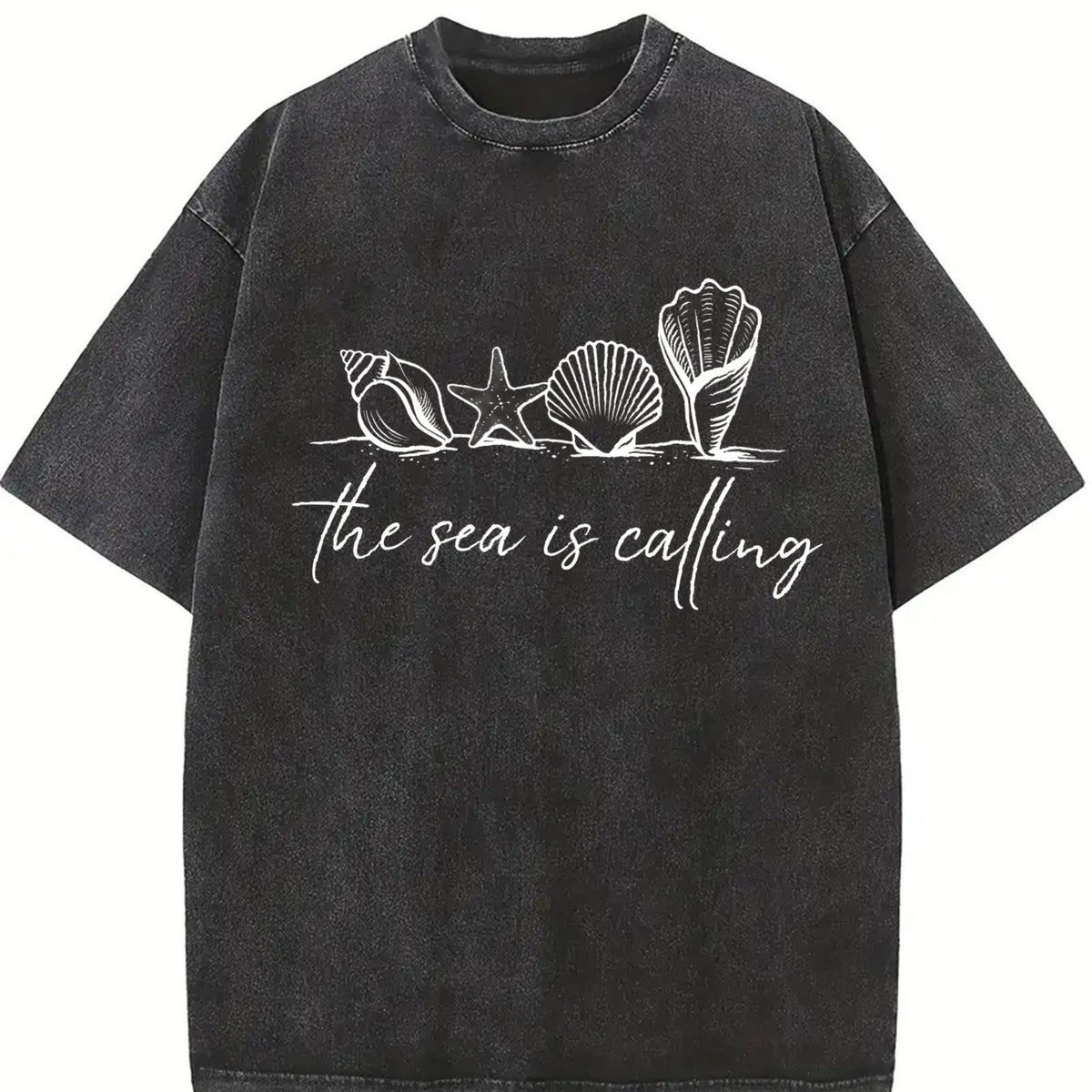 Nautical Ocean Call & Starfish Beach Vintage Washed T-Shirt in Black