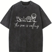 Nautical Ocean Call & Starfish Beach Vintage Washed T-Shirt in Black