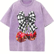 Blouse-compatible Cherry & Bow Vintage Washed T-Shirt in Purple