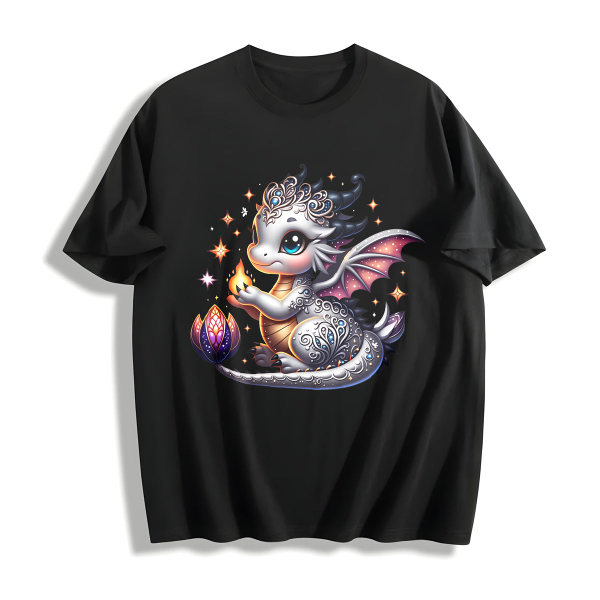 Silvery-gray Little Dragon with Exquisite Cotton T-Shirt in Black