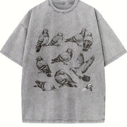 Pigeon 90s Tattoo Retro ® Y2k Ornithology Bird Vintage Washed T-Shirt in Gray