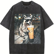 Raccoon Drinking Iced Coffee Animal Meme vintage washed oversized T-shirt in Black