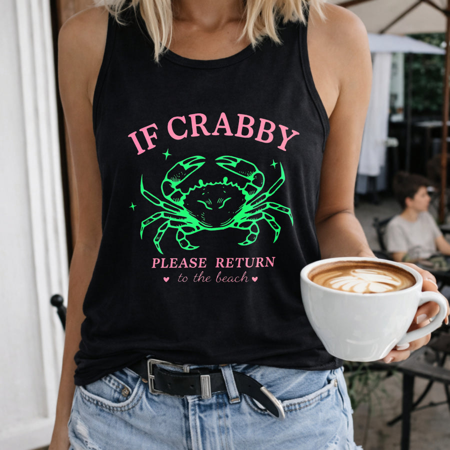 If Crabby Please Return to the Beach Women's Color Cotton Tank Top in Black