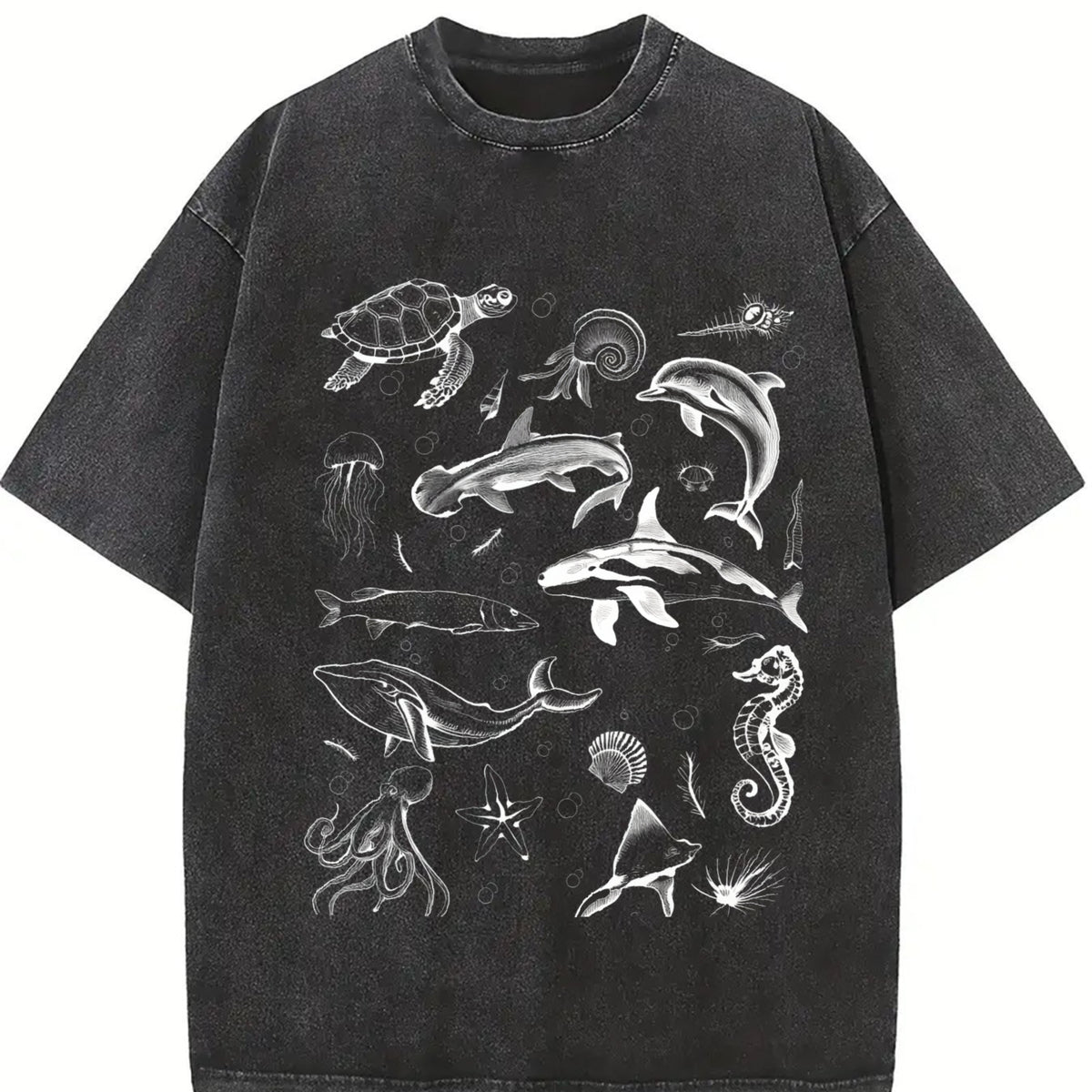 Sea Animals 90s Retro ® Y2k Ocean Vintage Washed T-Shirt in Black