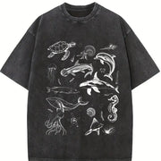 Sea Animals 90s Retro ® Y2k Ocean Vintage Washed T-Shirt in Black