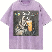 Raccoon Drinking Iced Coffee vintage washed oversized T-shirt in Purple