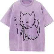 Cat Smoking Y2k Vintage Washed T-Shirt in Purple