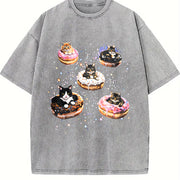 Cat Donut 90s Retro Cats in Space Vintage Washed T-Shirt in Gray