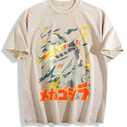 Godzilla 2026 New Hot Godzilla Monster Old 3Vintage Loose vintage washed oversized T-shirt in Beige