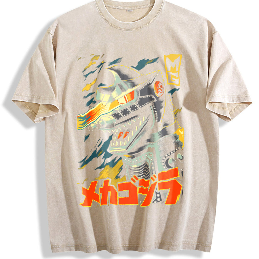 Godzilla 2026 New Hot Godzilla Monster Old 3Vintage Loose vintage washed oversized T-shirt in Beige