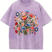 Folk Art Short-sleeve a Bohemian with Faux Embroidered Vintage Washed T-Shirt in Purple