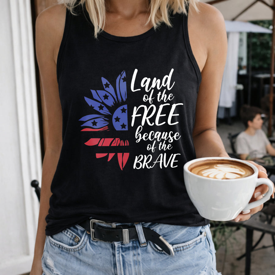 Land of the Free Because of the Brave Sunflower Women's Color Cotton Tank Top in Black