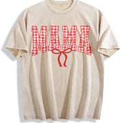 Mama Gingham Bow Cute Mom Vintage Washed T-Shirt in Beige
