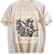 Cowgirl Saddle Up a Good Book Western Vintage Washed T-Shirt in Beige