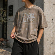 Distressed Athletic Typography Vintage Washed T-Shirt in Brown