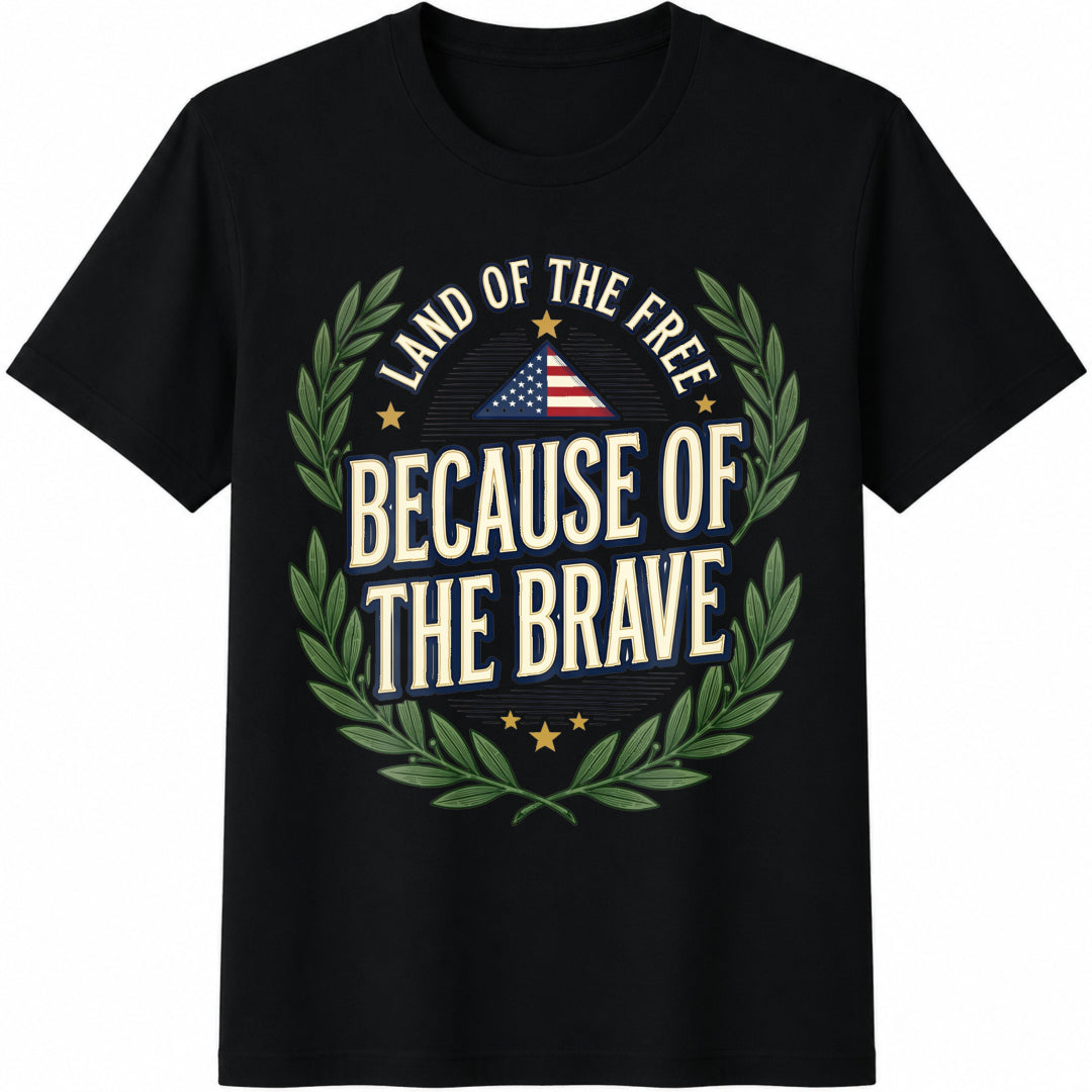 Land of the Free Because of the Brave Veteran Tribute Cotton T-Shirt in Black