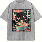 Ramen Cat Vintage Washed T-Shirt in Gray