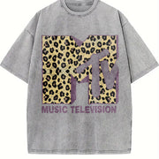 MTV Classic Leopard Bold Logo Vintage Washed T-Shirt in Gray