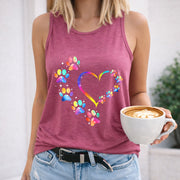 Paw Print Heart Women's Color Cotton Tank Top in Red