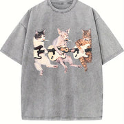 Rock Band Cats Retro Guitar Cat Vintage Washed T-Shirt in Gray