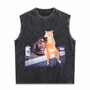 Smoking Cat Meme Vintage Washed Tank Top in Black