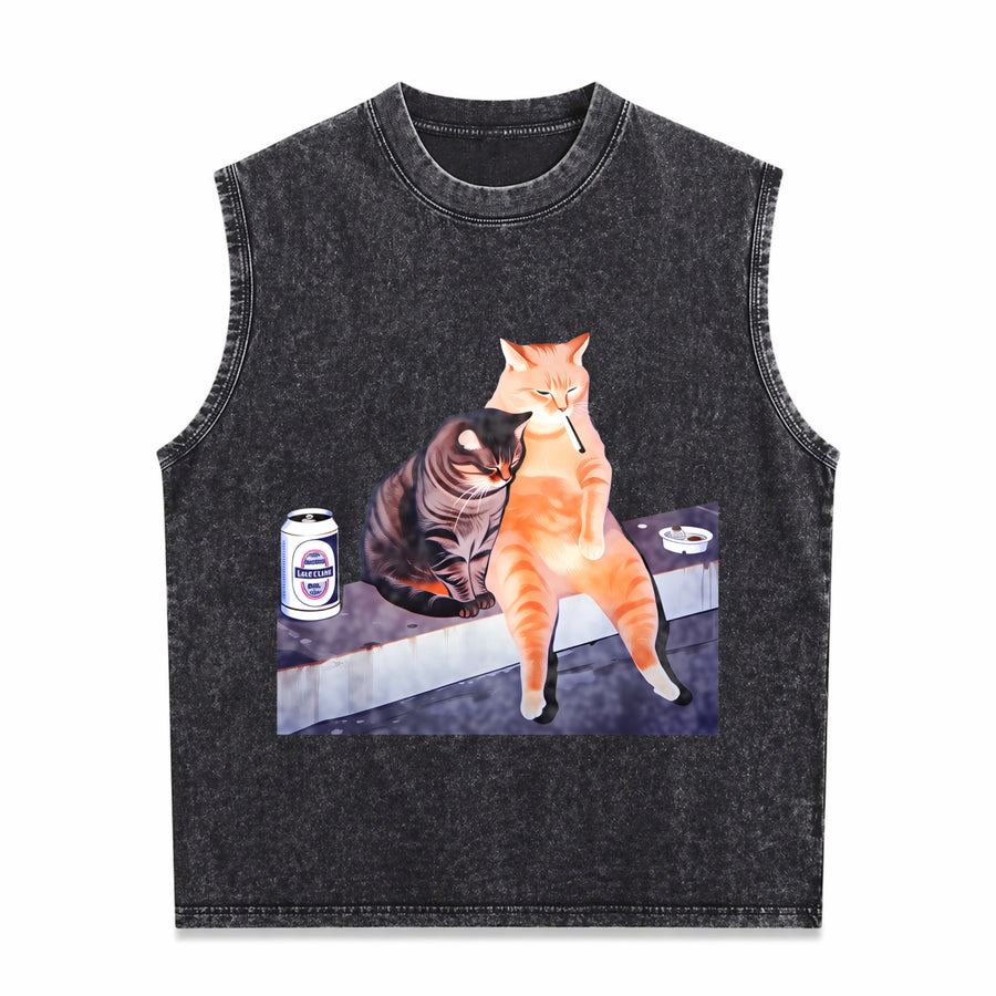 Smoking Cat Meme Vintage Washed Tank Top in Black