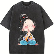 Retro Thick Blouse-compatible Vintage Washed T-Shirt in Black