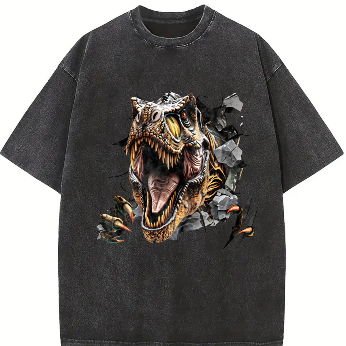 Retro 90s T-rex Dino Retro 2000s Nature Dinosaur Vintage Washed T-Shirt in Black