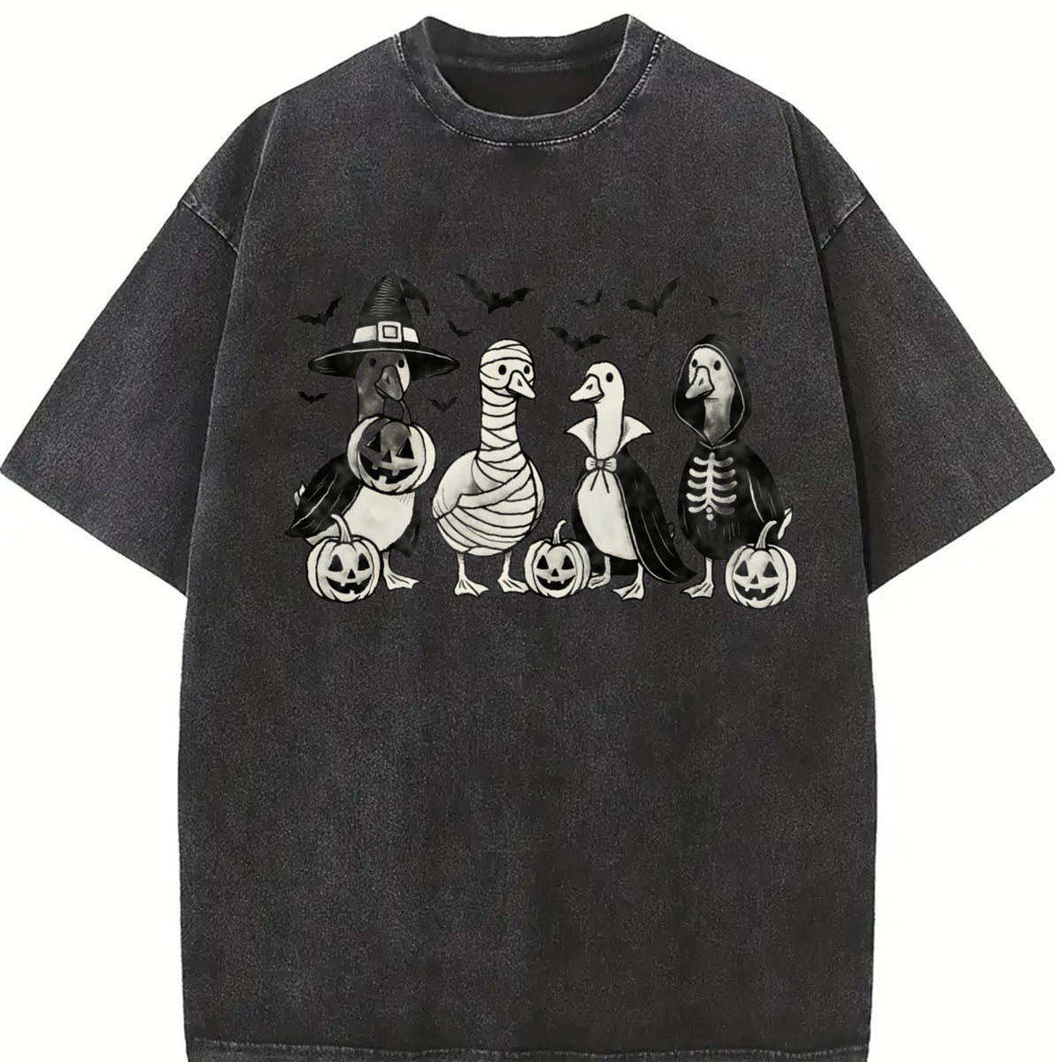 Retro Popular Goose Halloween Vintage Washed T-Shirt in Black