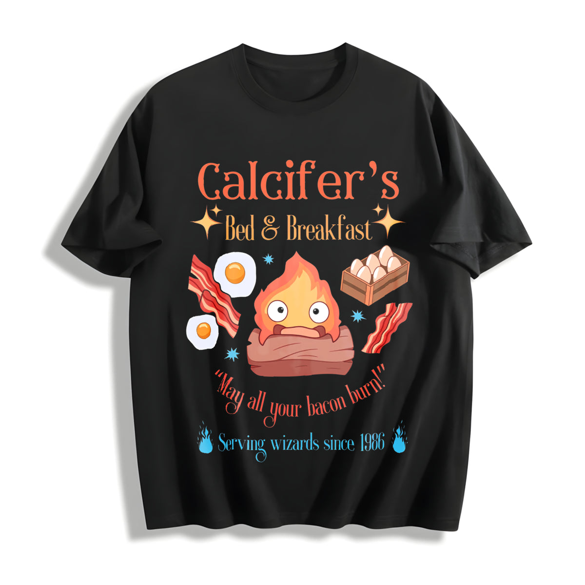 Howl’s Moving Castle Inspired Calcifer's Bed & Breakfast Cotton T-Shirt in Black