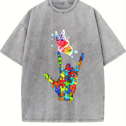 Autism Hand and Butterfly Vintage Washed T-Shirt in Gray
