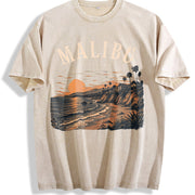 Malibu California Beach Travel Coastal Surf Souvenir Surf Vintage Washed T-Shirt in Beige