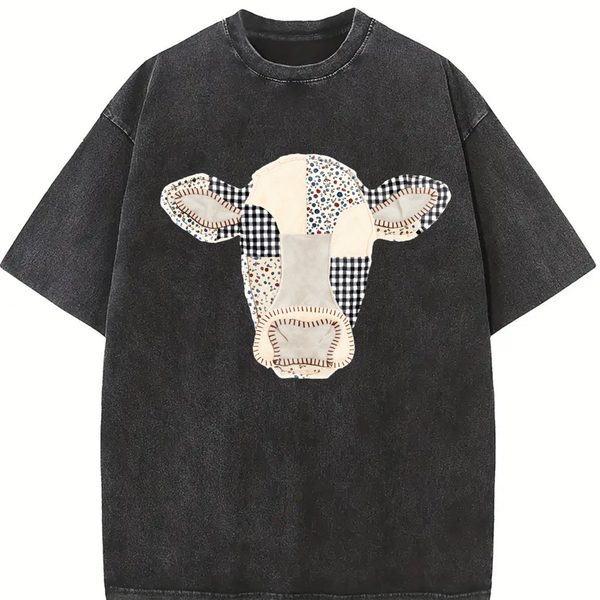 Faux Patchwork Cow Vintage Washed T-Shirt in Black