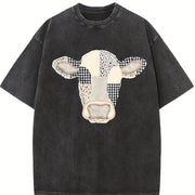 Faux Patchwork Cow Vintage Washed T-Shirt in Black
