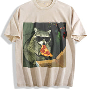 Raccoon Eating Pizza vintage washed oversized T-shirt in Beige