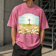 Christian Easter He Is Risen Vintage Washed T-Shirt in Red